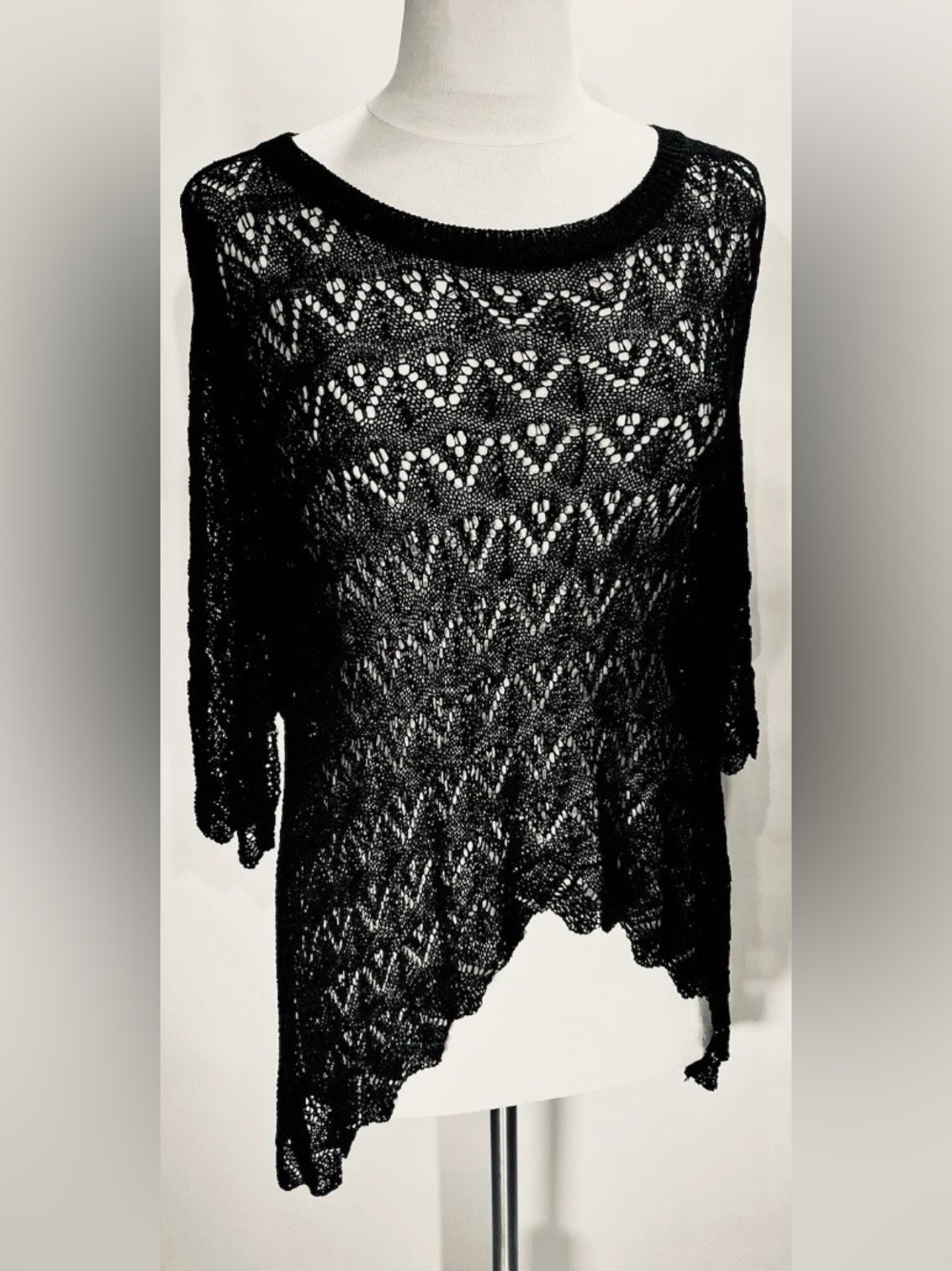 Rare Vintage Black Parisian Crocheted Shell Tieback Hi Low Top W Sz L
